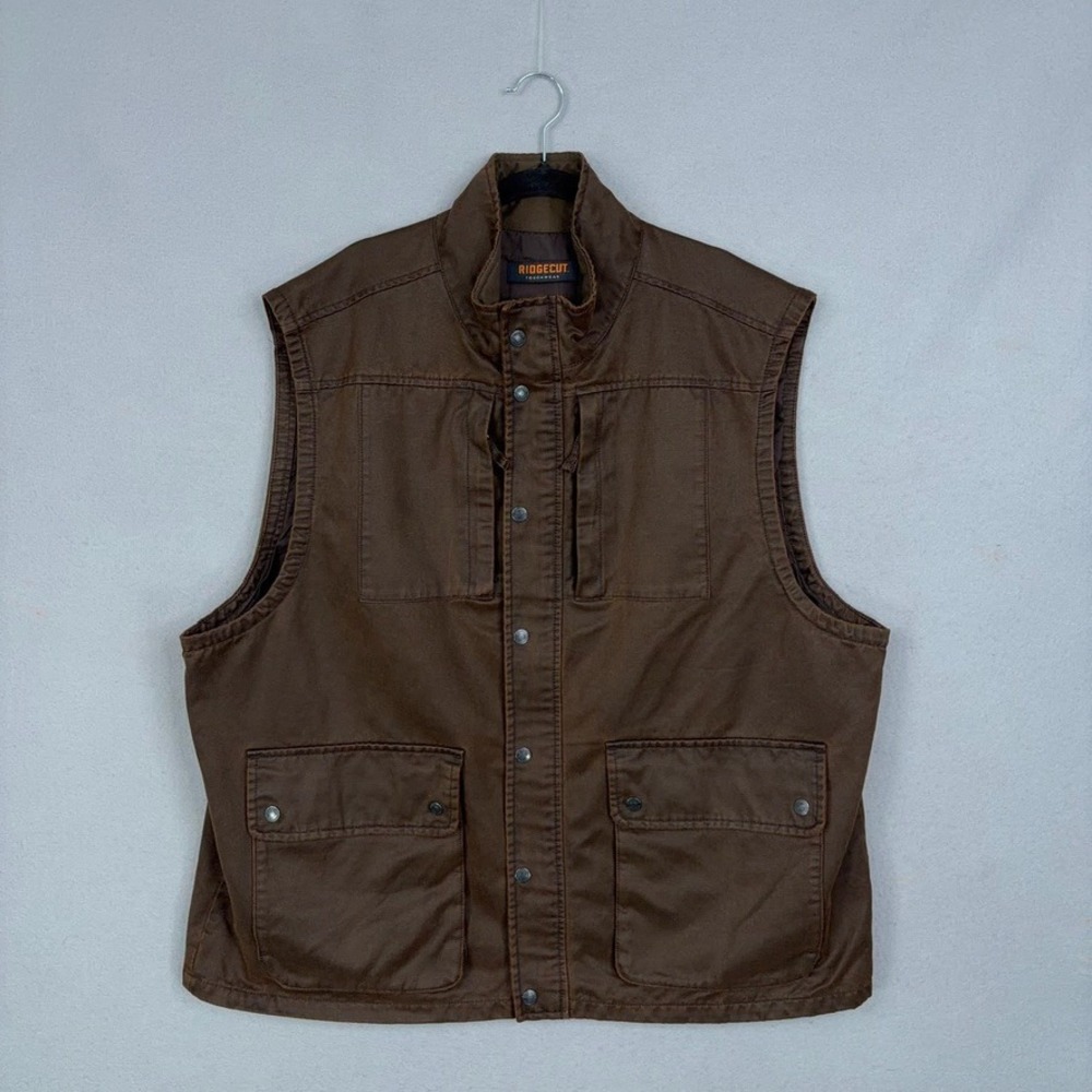 Ridgecut Utility Vest Mens 2XL Brown Canvas Faux Leather Workwear Gorpcore